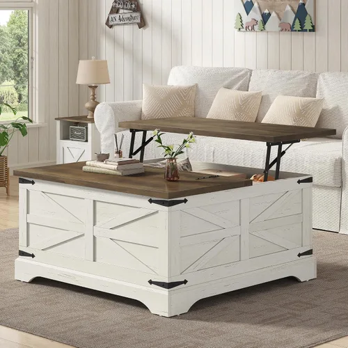 Vista 15 de Furnideco - Mesa de centro de granja con superficie elevable, mesa central cuadrada de madera con gran compartimento de almacenamiento oculto