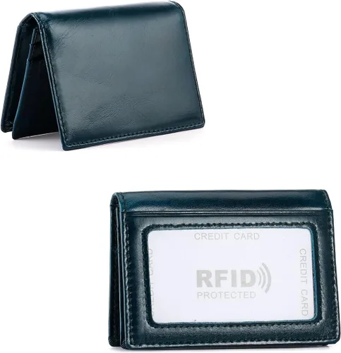 Vista 6 de Billetera de bolsillo frontal plegable para hombre, de piel auténtica, con bloqueo RFID, tarjetero