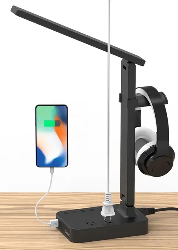 Vista 12 de Drevet Lámpara de escritorio LED con cargador inalámbrico, luz de mesa de escritorio con puerto de carga USB y 2 tomas de corriente, 3 modos