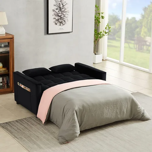 Vista 4 de JEEOHEY Sofá cama extraíble, sofá cama convertible moderno de terciopelo de 55 pulgadas, sofá cama pequeño con 2 almohadas y bolsillos laterales