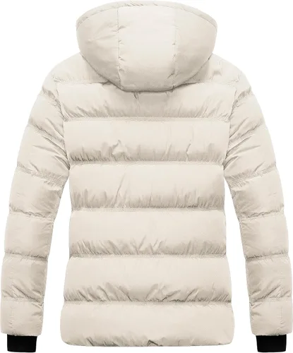 Vista 2 de CREATMO US Abrigo de invierno cálido para mujer, chaqueta de esquí impermeable acolchada con capucha desmontable