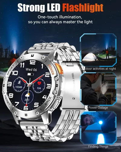 Vista 3 de Relojes inteligentes militares para hombre con llamada Bluetooth, reloj inteligente AMOLED impermeable de 1.43 pulgadas con linterna, 111 modos