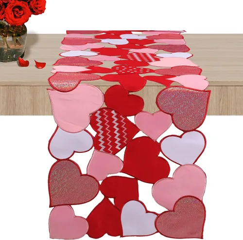 Vista 13 de OWENIE Caminos de mesa para el día de San Valentín, centros de mesa de San Valentín, 13 x 36 pulgadas, decoración de mesa roja bordada con corazón