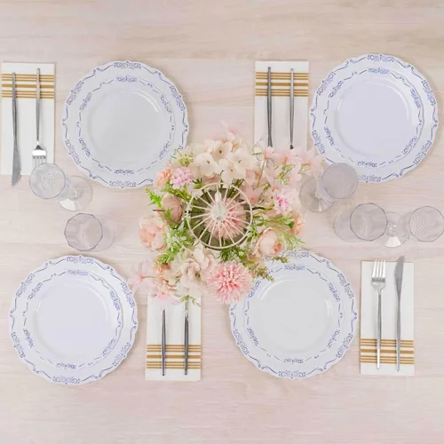 Vista 20 de Efavormart - Paquete de 10 platos desechables de 7 pulgadas transparentes con borde vintage burdeos, elegantes platos de postre de plástico