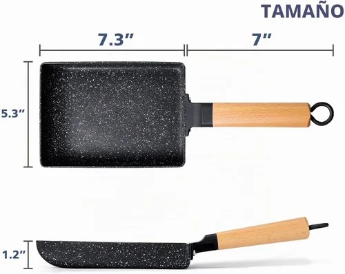 Vista 8 de Sartén cuadrada con revestimiento cerámico japonés Tamagoyaki para tortilla, pequeña sartén rectangular antiadherente con asa de madera (Gris oscuro)