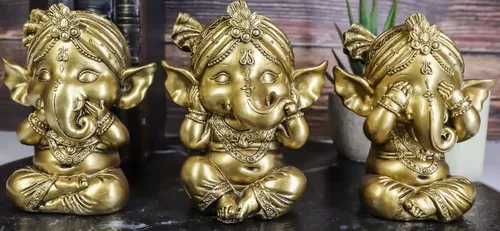 Vista 8 de Ebros - Juego de 3 figuras de elefante hindú dorado, Dios, Señor, Ganesha, con turbante, 4 pulgadas de alto, Deidad de las artes, sabiduría