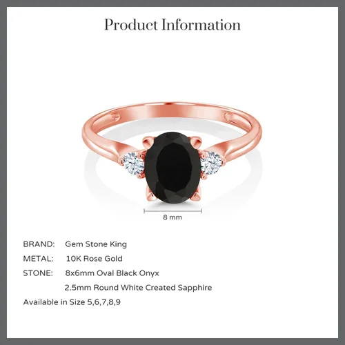 Vista 6 de Gem Stone King Anillo de compromiso ovalado de oro rosa de 10 quilates, ónix negro y zafiro blanco creado con 3 piedras para mujer