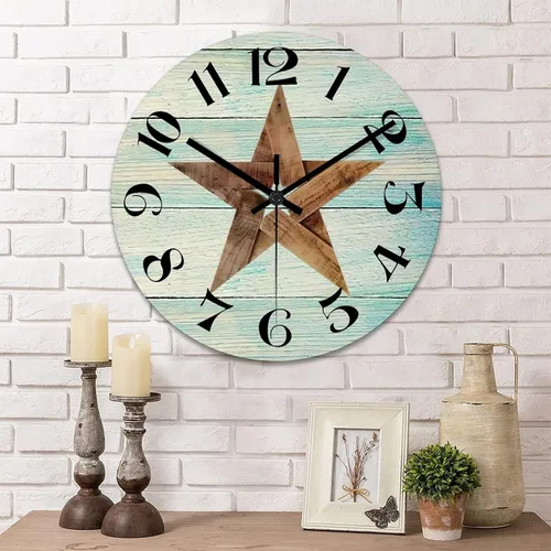 Vista 11 de Reloj de pared redondo de estilo rústico con estrellas del oeste de Texas, reloj de madera, silencioso, sin tictac, funciona con pilas, con números