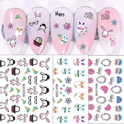 Vista 2 de Calcomanías de uñas de Pascua, diseño de conejo, calcomanías de uñas autoadhesivas 3D, huevos de Pascua, conejos, decoración de uñas para mujeres