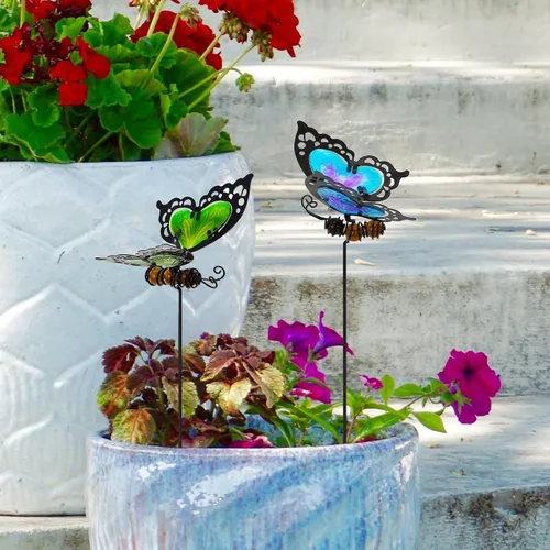 Vista 5 de Estacas de jardín de mariposas, kit de mariposa hecho de vidrio y metal, mariposas coloridas decoraciones de jardín pueden hacer que el jardín esté