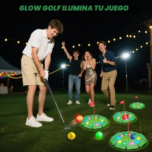 Vista 5 de Juego de golf iluminado VATOS - Mini juguete de golf con brillo con 4 agujeros LED, 4 bolas (2 brillantes), putter extensible, construye tu propio