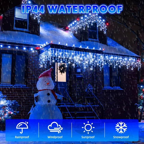 Vista 4 de Aurelema 640 luces LED de Navidad para exteriores, extra largas, 8 modos, impermeables, con 120 gotas, guirnalda de luces colgantes con control