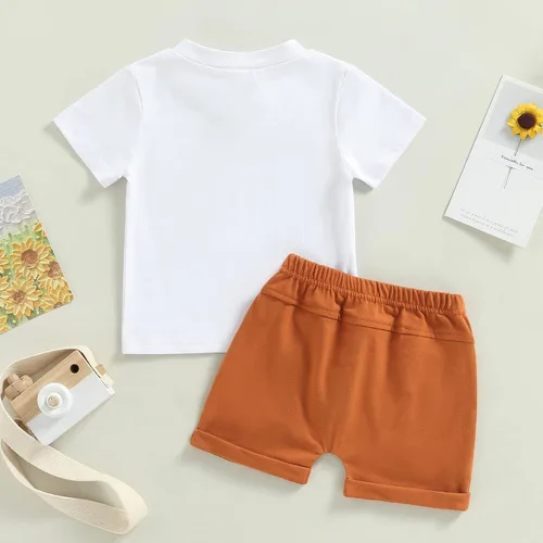 Vista 3 de Gueuusu Conjunto de camiseta y pantalones cortos de manga corta para bebé niño con estampado de letras de la tía y pantalones cortos, lindo traje