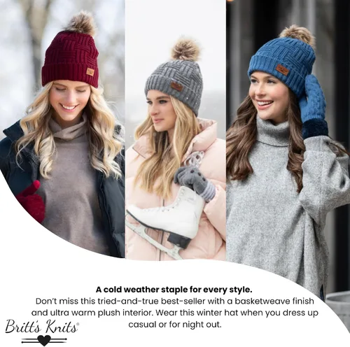 Vista 5 de Britt's Knits Sombrero de punto forrado de felpa con pompón para mujer