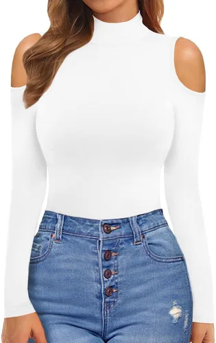 Vista 2 de MANGOPOP Long Sleeve Body Suits for Womens Turtleneck Bodysuit Going Out Tops with Sexy Shoulder Cutout
