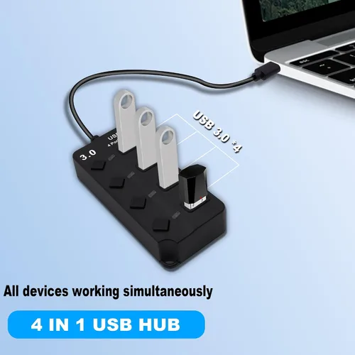 Vista 2 de Hub USB 3.0 de 4 puertos multifuncional 1 a 4 divisor de transferencia de datos de 5 Gbps USB 3.0 extensor con interruptores de alimentación LED
