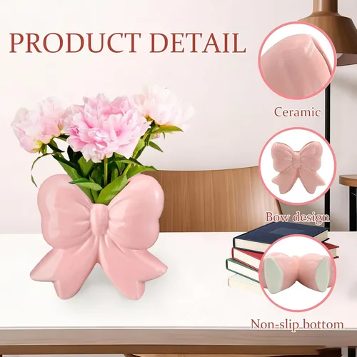 Vista 7 de Jarrón de cerámica con lazo rosa, diseño contemporáneo, decoración de lazo rosa, soporte para bolígrafo, soporte para brochas de maquillaje, regalo