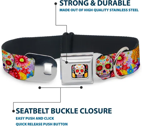 Vista 4 de Collar de perro hebilla de cinturón de seguridad Sugar Skull Starburst blanco multicolor 9 a 15 pulgadas 1.0 pulgadas de ancho