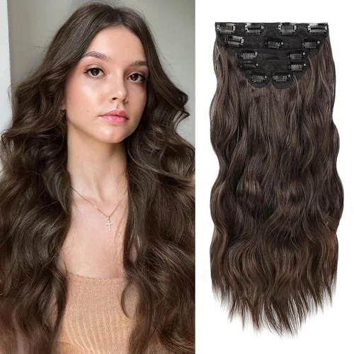 Vista 25 de WECAN Extensión de cabello con clip, de 20 pulgadas, mezcla de rubio ceniza y rubio decolorado, 6 piezas, extensiones de cabello largo ondulado