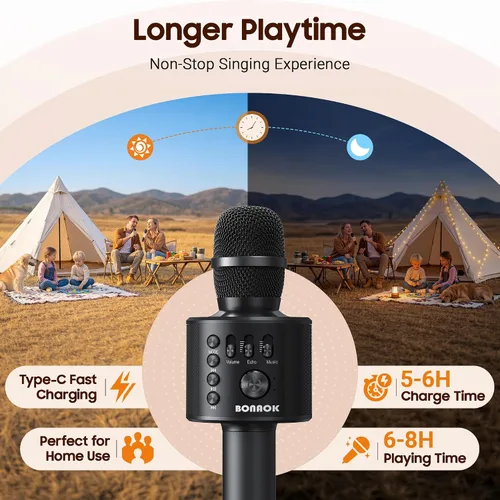 Vista 4 de BONAOK - Micrófono inalámbrico Bluetooth de karaoke, 3 en 1; máquina altavoz con micrófono de karaoke portátil de mano para fiesta de cumpleaños