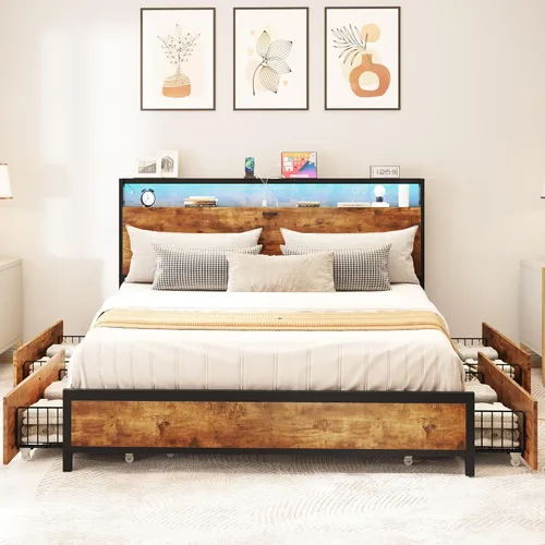 Vista 8 de YITAHOME Base de cama tamaño King con cabecera de almacenamiento, cama de plataforma con 4 cajones, marco de cama LED con puertos USB y salidas