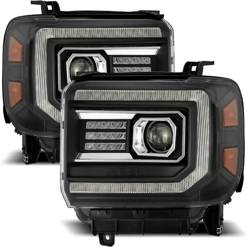 Vista 6 de AlphaRex serie luxx Alpha Negro Ajuste 14-18 GMC Sierra 1500/15-18 Sierra 2500HD/3500HD Faros delanteros LED DRL Tubo Proyector con luz de activación