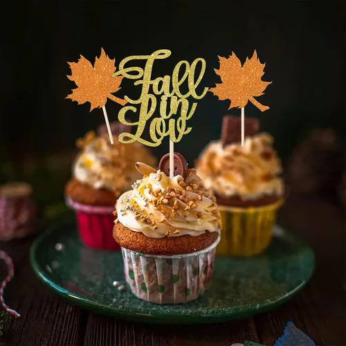 Vista 3 de Rsstarxi Paquete de 24 adornos para cupcakes con purpurina de otoño de hojas de arce de otoño, palillos para cupcakes, decoración de pasteles