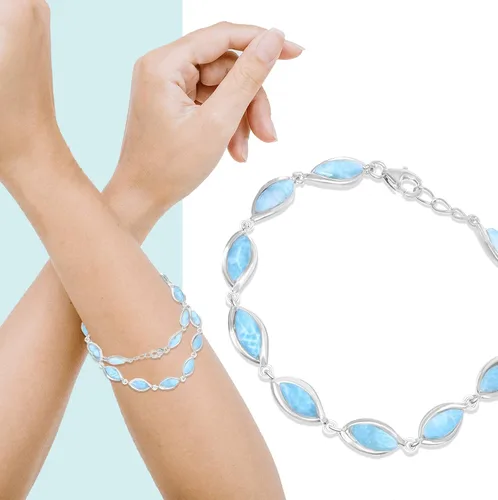 Vista 2 de Pulsera de plata de ley de 7.5 pulgadas con eslabones de larimar natural marquesa, Metal, larimar
