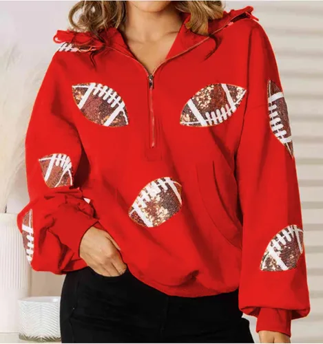 Vista 17 de SeekMe Sudaderas con capucha de lentejuelas para mujer, para el día del partido, suéteres de manga larga con cremallera y bolsillo
