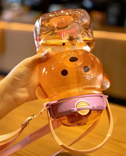 Vista 7 de Botella de agua Kawaii Bear a prueba de fugas con correa de hombro ajustable y extraíble para niños y niñas (café)