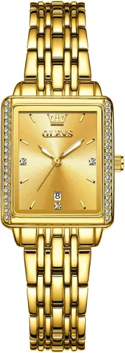 Vista 14 de OLEVS Reloj de mujer de oro de acero inoxidable, reloj de cara cuadrada pequeña con decoración de diamantes, reloj de vestir de cuarzo analógico