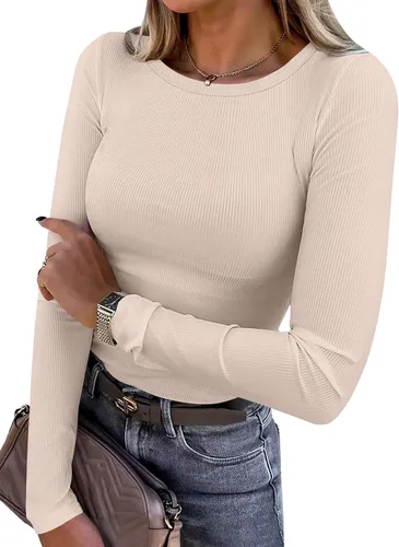Vista 23 de ANRABESS - Camisetas de manga larga para mujer, de punto acanalado, ajustadas, básicas, 2025, informales, para usar a capas o debajo del uniforme
