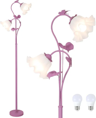 Vista 8 de HMVPL Lámpara de pie dorada para sala de estar, lámpara de pie de flor con 2 bombillas LED de 5 W, interruptor de pie, lámpara alta floral
