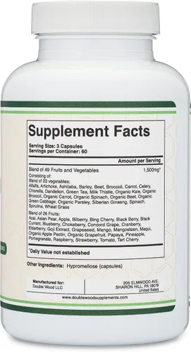 Vista 3 de Double Wood Suplemento de frutas y verduras (mezcla diaria de 49 frutas y verduras diferentes, 23 verduras y 29 frutas) porciones de 1,500 mg, 180
