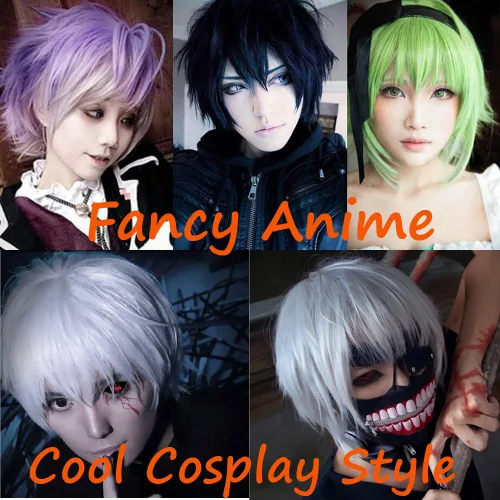 Vista 2 de Pelucas de pelo sintético lacio, corto y esponjoso. Para fiestas de cosplay, anime peluca con pelo despeinado y puntiagudo, para hombre y mujer