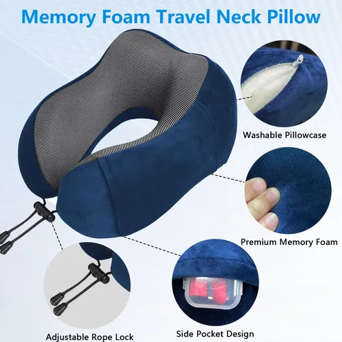 Vista 6 de Almohada cervical de viaje con espuma viscoelástica, soporte ergonómico, hebilla ajustable, incluye máscara de ojos y tapones para los oídos, funda