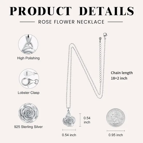 Vista 6 de BEILIN Collar de plata de ley 925 con colgante de rosa, joyería para mujer