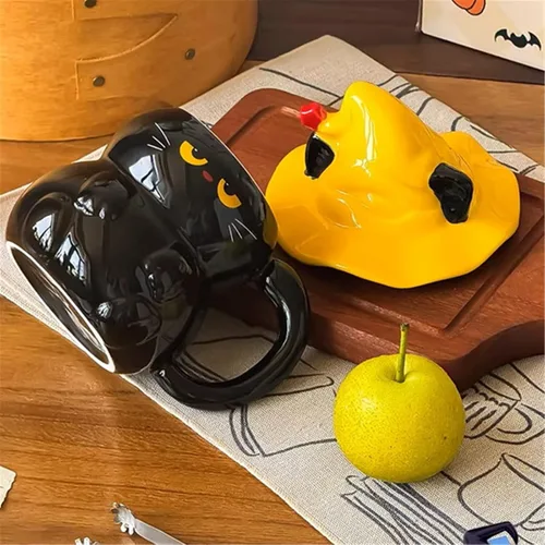 Vista 4 de Taza de café de cerámica, diseño de gato negro, hecho a mano, con sombrero de mago, tapa, asa, oficina, hogar, chocolate caliente con leche, regalos