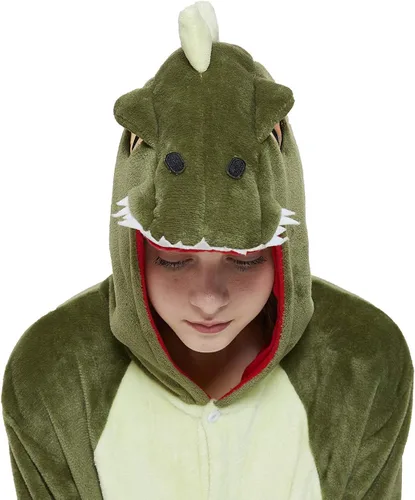 Vista 4 de CALANTA Mono de dinosaurio para adultos, disfraz de dragón T-Rex Animal para mujer, pijama de felpa de una pieza, cosplay, Halloween, Navidad