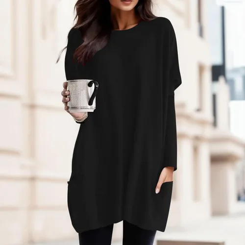 Vista 2 de Plus Size Pullover for Women Round Neck Long Sleeve Long T Shirt Top Pocket Puff Sleeve Print Top