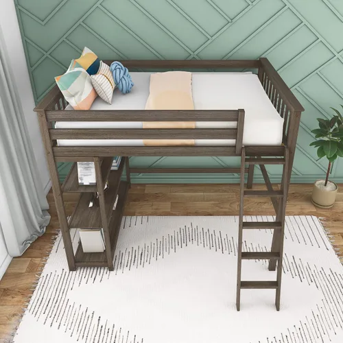 Vista 6 de Max & Lily Cama alta de tamaño matrimonial con estantería, arcilla, madera maciza, marco de cama moderno para niños/adolescentes, pino, acabado