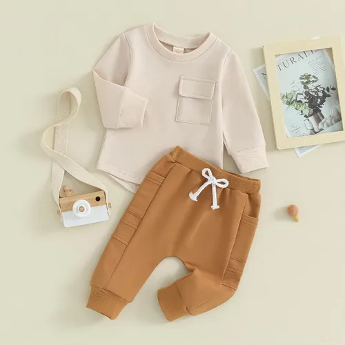 Vista 2 de Kuriozud Conjunto de 2 piezas de sudadera con cuello redondo y pantalones deportivos para niños pequeños para otoño e invierno