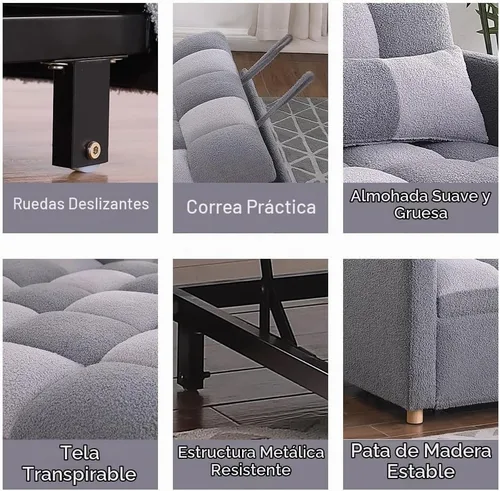 Vista 5 de Sofá cama biplaza, sofá cama convertible 3 en 1, sofá cama extraíble con respaldo ajustable, sillón multifuncional con tela de peluche para sala