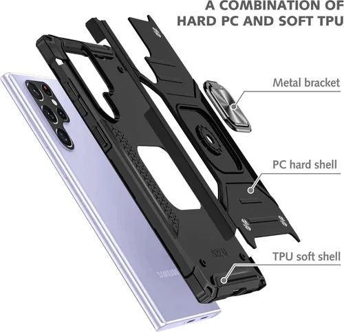 Vista 4 de YmhxcY Funda para Galaxy S22 Ultra para Galaxy S22 Ultra con protector de pantalla curvado 3D, funda de grado armadura con soporte giratorio