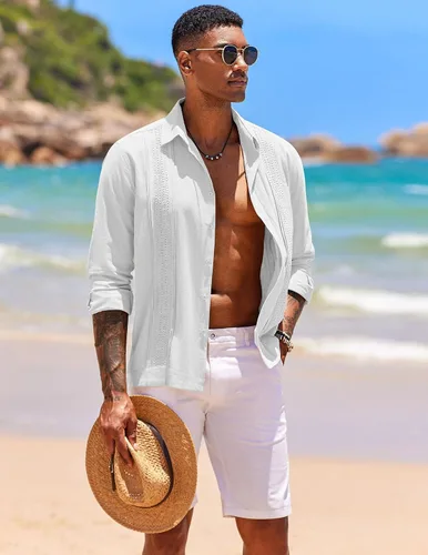 Vista 2 de COOFANDY Camisas de guayabera cubana para hombre, de manga larga, informal, con botones, de algodón, para la playa