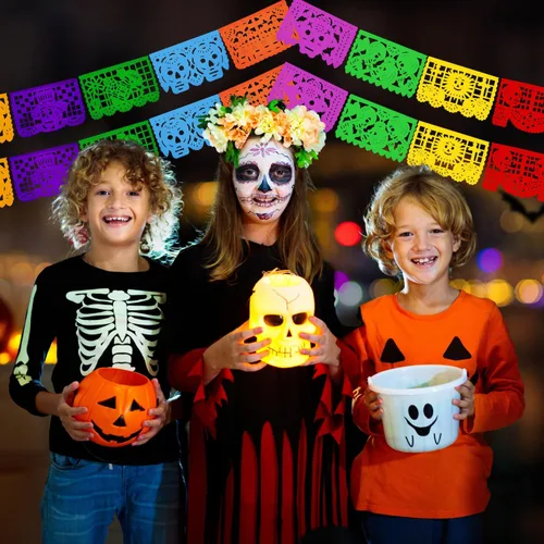 Vista 2 de Dia de los Muertos Papel Picado (PAPEL) – Decoración de fiesta del Día de Muertos (paquete de 4, 10 banderas por bandera) – Papel Picado Mexicano