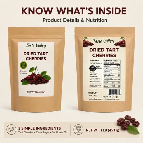 Vista 8 de Taste Valley Cerezas ácidas secas – 100% naturales sin OMG sin gluten – Sin conservantes artificiales – Cerezas Montmorency prémium para aperitivos