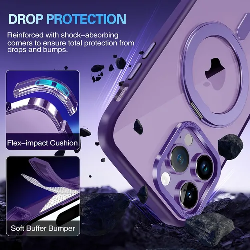 Vista 4 de Funda magnética para iPhone 14 Pro Max compatible con Magsafe, iPhone 14 Pro Max con soporte de anillo giratorio de 360°, bonita funda translúcida