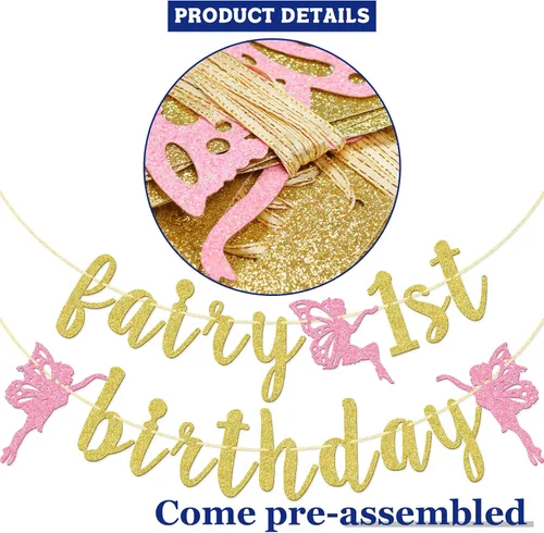 Vista 4 de Cartel de primer cumpleaños de hada, decoración de fiesta de primer cumpleaños de hadas, pancarta de primer cumpleaños para niña, decoraciones