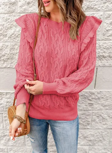 Vista 5 de EVALESS Suéteres de cuello redondo para mujer, con textura, con volantes, sueltos, de punto grueso